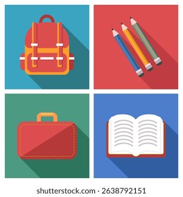 A vector set of four flat icons representing essential school supplies