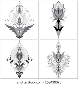 Vector set of four floral elements to create oriental patterns. Easy to change colors. Flowers, leaves, curls and berries