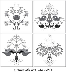 Vector set of four floral elements to create patterns in Art Nouveau style.  Aquilegia, cyclamen, hosta and fern. Plants contain flowers, buds and leaves. Lacewing insects. Easy to change colors.
