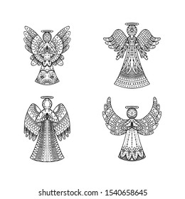 Vector set of four freehand patterned angels on white background. Religion coloring page book. Decorative elements for New year, Christmas card