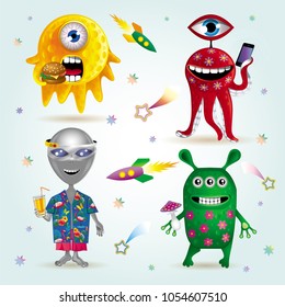 Vector set of four funny cartoon aliens, one of whom rings a cell phone, the second eats a Burger, the third wears virtual reality glasses