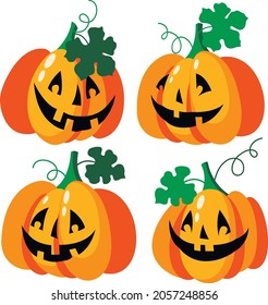 Vector set: four funny cartoon halloween pumpkins jack-o-lantern. Golden yellou color with green leaves. Elements for design holiday card, poster, invitation. 