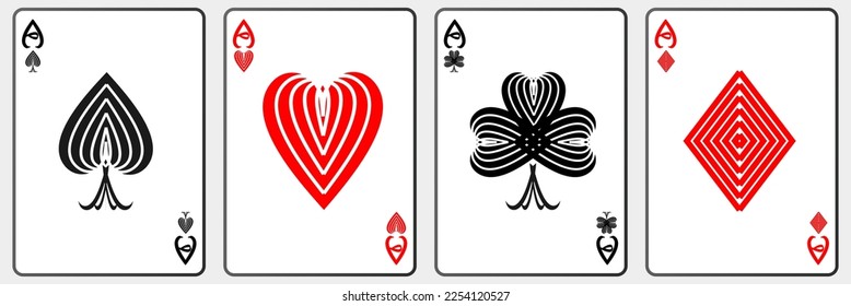 Vector set of four game cards. Four aces of all suits. Poker playing cards.