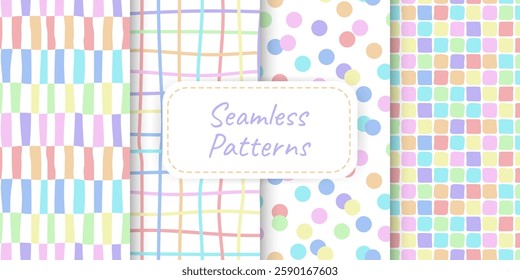 Vector set of four geometric seamless patterns in soft pastel color and playful hand drawn elements. Ideal for fabric print packaging wallpaper scrapbooking social media graphics invitation stationery