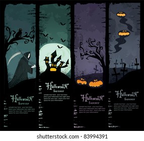 Vector Set of four grunge Halloween banners. Standard size. Grim reaper, haunted castle, spooky pumpkins and scary ghosts on the graveyard. Everything you need for your Halloween party