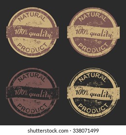 Vector set of four grunge signs "Natural Product" consists of two bicolored emblems and two monochrome stamps for your design projects. Fully editable. May be used in advertising and packaging design.