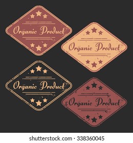 Vector set of four grunge signs "Organic Product" consists of two bicolored emblems and two monochrome stamps for your design projects. Fully editable. May be used in advertising and packaging design.