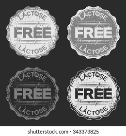 Vector set of four grunge signs "Lactose Free" consists of two bi-colored emblems and two monochrome stamps for your design projects. Fully editable. May be used in advertising and packaging design.