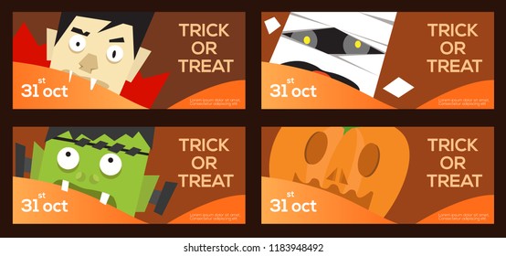 Vector set of a four Halloween headers or banners with trick or treat Halloween decorations.