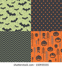 Vector set of four halloween seamless patterns. Cartoon bats, pumpkins, trees. Halloween elements for scrap-booking. Hand drawn vector illustration.