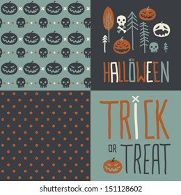 Vector set of four halloween seamless patterns. Cartoon pumpkinsand skulls. Halloween elements for scrap-booking. Hand drawn vector illustration. Trick or treat.