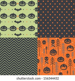 Vector set of four halloween seamless patterns. Cartoon bats, pumpkins, trees. Halloween elements for scrap-booking. Hand drawn vector illustration. 
