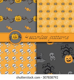 Vector set of four Halloween seamless patterns, in black, gray and orange colors.