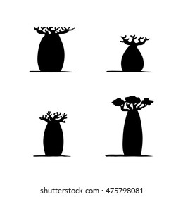 vector set of four hand drawing black baobab tree.. Vector silhouette of baobab tree