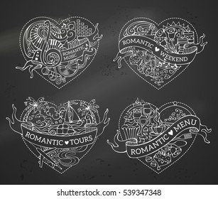 Vector set of four hearts. Chalk romantic design elements on blackboard background. Valentine's symbols, love icons and signs. Music, menu, tours and weekend templates.