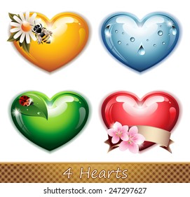 Vector Set of Four Hearts, Honey with Bee and Flower, Water with Water Drops, Natural with Leaf and Ladybug and Valentine's with Banner and Blossoms, Isolated on White.