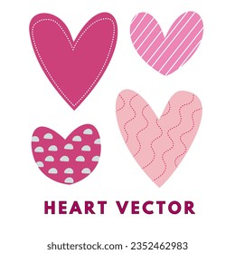 Conjunto vectorial de cuatro corazones, de color rosado. Elemento de diseño.