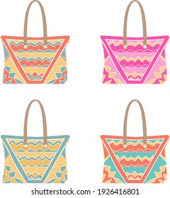 vector set of four illustrations of a beach bag in bright colors