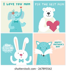 Vector set of four illustrations with cute smiling cartoon characters: elephant, bear, rabbit, fox and hand written text for Mother's day. Holiday cards.