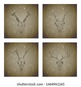 Vector set of four illustrations with grunge silhouettes skulls deer, antelope, stag and goat on vintage background. Sketch in sepia color. For you design, print, tattoo or magic craft.