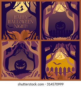 Vector set of four illustrations for Halloween design. Imitation of paper cut composition.