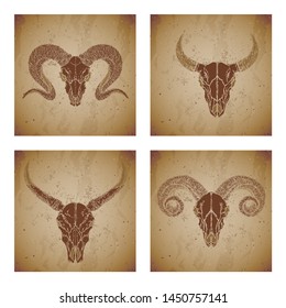 Vector set of four illustrations with hand drawn silhouettes skulls wild buffalo, bull and ram on vintage grunge background. Sketch in sepia color. For you design, print, tattoo or magic craft.