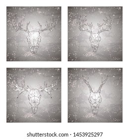 Vector set of four illustrations with hand drawn skulls roe deer, moose and stag on vintage grunge background. Sketch in dark color. For you design, print, tattoo or magic craft.