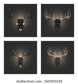 Vector set of four illustrations with hand drawn black silhouettes skulls deer with gold elements on dark background. For you design, print, tattoo or magic craft.