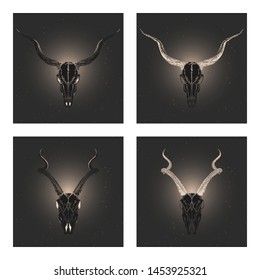 Vector set of four illustrations with hand drawn black silhouettes skulls antelopes with gold elements on dark background. For you design, print, tattoo or magic craft.