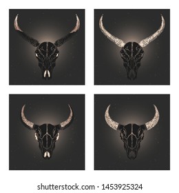 Vector set of four illustrations with hand drawn black silhouettes skulls wild buffalo and bull with gold elements on dark background. For you design, print, tattoo or magic craft.