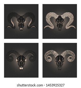 Vector set of four illustrations with hand drawn black silhouettes skulls rams with gold elements on dark background. For you design, print, tattoo or magic craft.