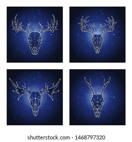 Vector set of four illustrations with hand drawn skulls deer and moose on blue abstract background. For you design, print, tattoo or magic craft.