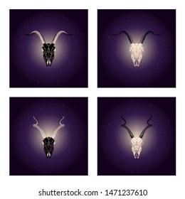 Vector set of four illustrations with hand drawn black skulls antelope and goat with gold elements against the background of the starry sky. In purple color. For you design, tattoo or magic craft.