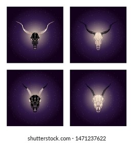 Vector set of four illustrations with hand drawn black skulls antelope and goat with gold elements against the background of the starry sky. In purple color. For you design, tattoo or magic craft.