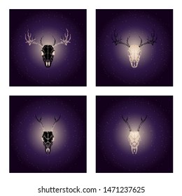 Vector set of four illustrations with hand drawn black skulls deer with gold elements against the background of the starry sky. In purple color. For you design, tattoo or magic craft.