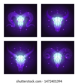 Vector set of four illustrations with hand drawn skulls wild buffalo, bull and rams on blue and purple abstract background. For you design, print, tattoo or magic craft.