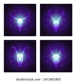 Vector set of four illustrations with hand drawn skulls antelopes and goats on blue and purple abstract background. For you design, print, tattoo or magic craft.