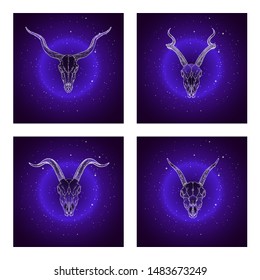 Vector set of four illustrations with hand drawn skulls antelopes and goats on purple abstract background. For you design, print, tattoo or magic craft.