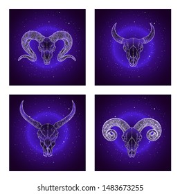 Vector set of four illustrations with hand drawn skulls wild buffalo, bull and rams on purple abstract background. For you design, print, tattoo or magic craft.