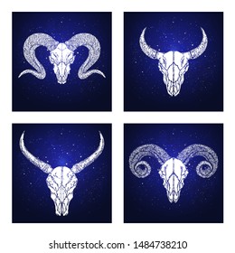 Vector set of four illustrations with hand drawn skulls wild buffalo, bull and rams on blue abstract background. For you design, print, tattoo or magic craft.