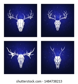 Vector set of four illustrations with hand drawn skulls deer and moose on blue abstract background. For you design, print, tattoo or magic craft.