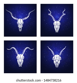 Vector set of four illustrations with hand drawn skulls antelopes and goats on blue abstract background. For you design, print, tattoo or magic craft.
