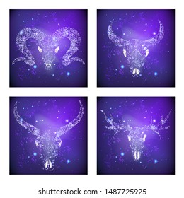 Vector set of four illustrations with hand drawn skulls buffalo, moose, bull and rams against the background of the starry sky. In purple color. For you design, print, tattoo or magic craft.