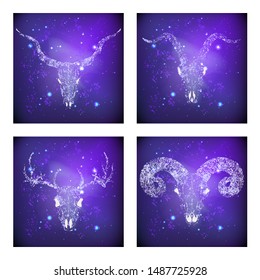 Vector set of four illustrations with hand drawn skulls deer, antelope, goat and ram against the background of the starry sky. In purple color. For you design, print, tattoo or magic craft.