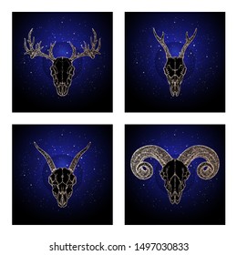 Vector set of four illustrations with hand drawn dark skulls deer, goats and ram against the background of the starry sky. In blue color. For you design, print, tattoo or magic craft.
