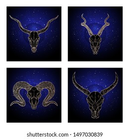 Vector set of four illustrations with hand drawn dark skulls antelopes, buffalo and ram against the background of the starry sky. In blue color. For you design, print, tattoo or magic craft.