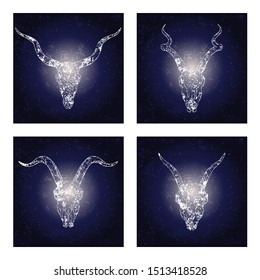 Vector set of four illustrations with hand drawn skulls antelopes and goats against the background of the starry sky. In blue color. For you design, print, tattoo or magic craft.