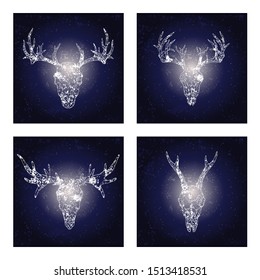 Vector set of four illustrations with hand drawn skulls deer and moose against the background of the starry sky. In blue color. For you design, print, tattoo or magic craft.