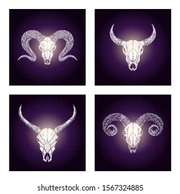 Vector set of four illustrations with hand drawn skulls wild buffalo, bull and rams on purple abstract background. For you design, print, tattoo or magic craft.