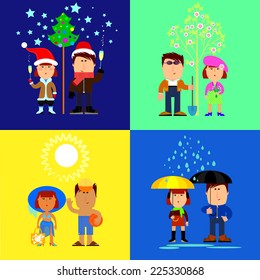 vector set of four illustrations of people - male and female - in different seasons (winter, spring, summer, autumn)
